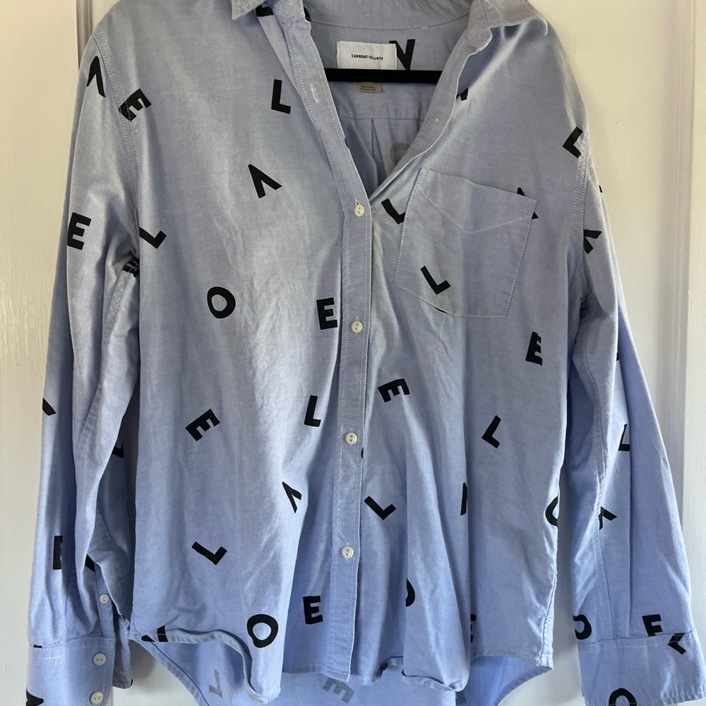 Current Elliott LOVE Blue Button-Up Shirt with Black Lettering